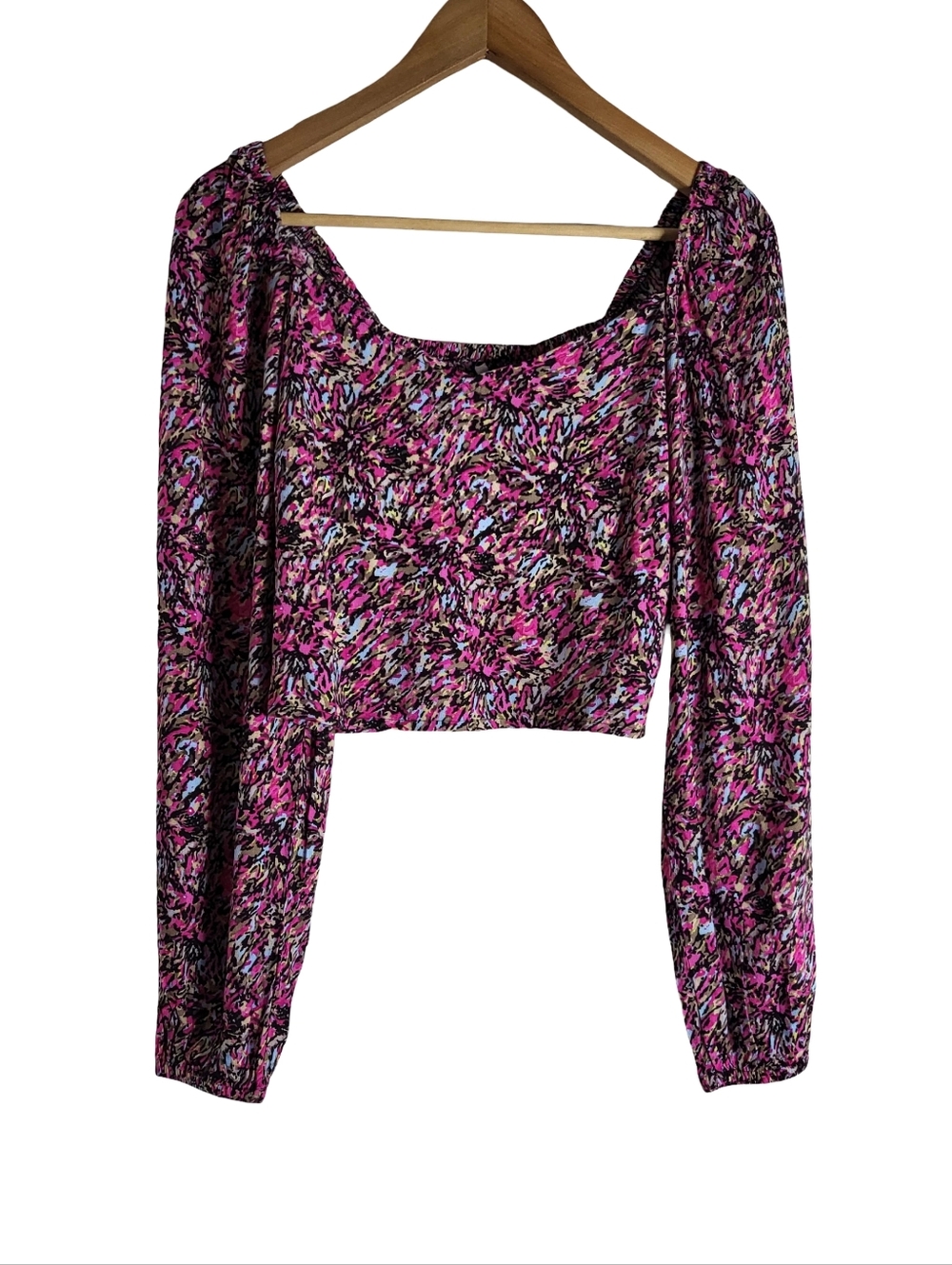 Vero Moda Pink Multi-Print Long Sleeve Square Neck Crop Top